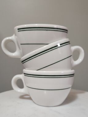 Homer Laughlin Classic White Ceramic Coffee Cup Green Stripe Set of 3 USA